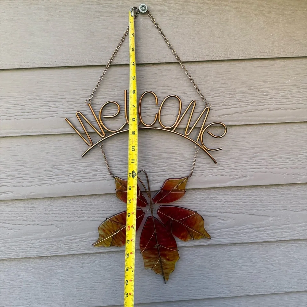 Copper Welcome Sign With Glass Maple Leaf Rustic Country Handmade Artisan Pretty